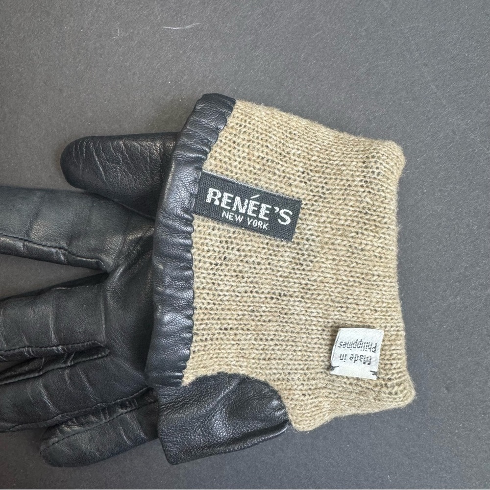 Ruffle and leather dots black leather gloves sz 7 Renee’s New York - Picture 5 of 8